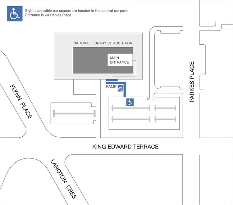 map of the library showing disabled parking and access ramp with the wording - Eight accessible car spaces are available in the carpark off Parkes Place on the south side of the building