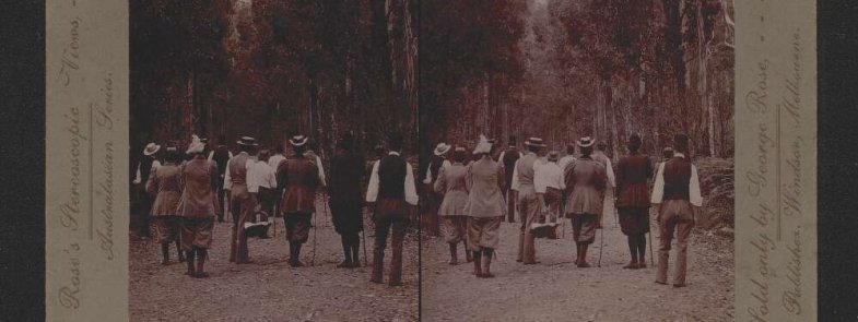 An old photograph of people in sensible clothing going for a walk in the bush.