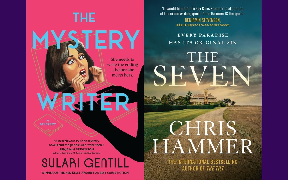 The front covers of two books. One cover is for The Mystery Writer by Sulari Gentill. The second cover is for The Seven by Chris Hammer.