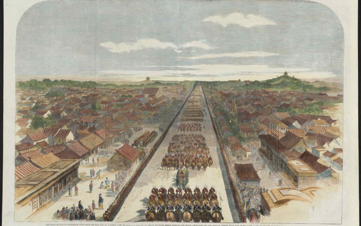 A colour lithograph showing chinese houses on either side of a long, wide boulevard with block rows of soldiers on horseback as far as the eye can see.